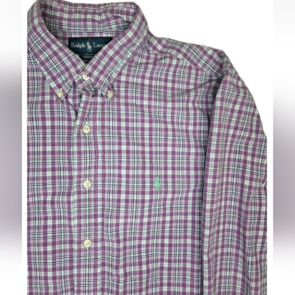 Ralph Lauren Custom Fit Button Down Shirt Mens Size 16 1/2 32-33 Purple Plaid